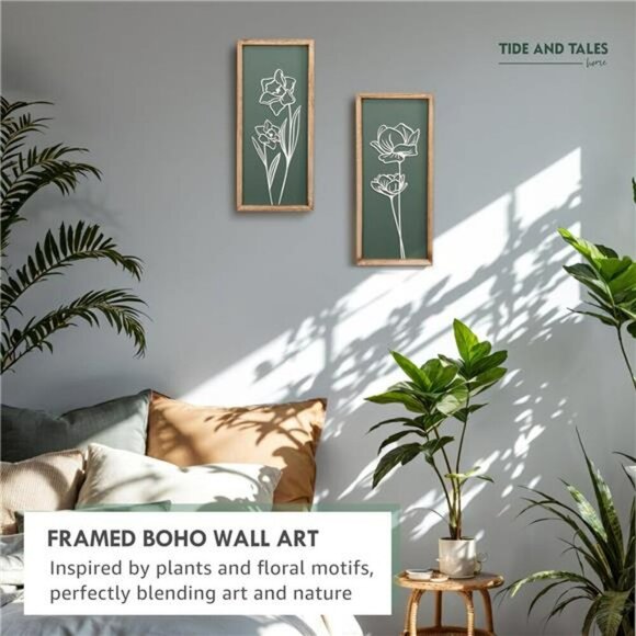 Sage Green 3D Floral Wall Art Set Boho Farmhouse Framed Decor for Bathroom - Picture 3 of 7